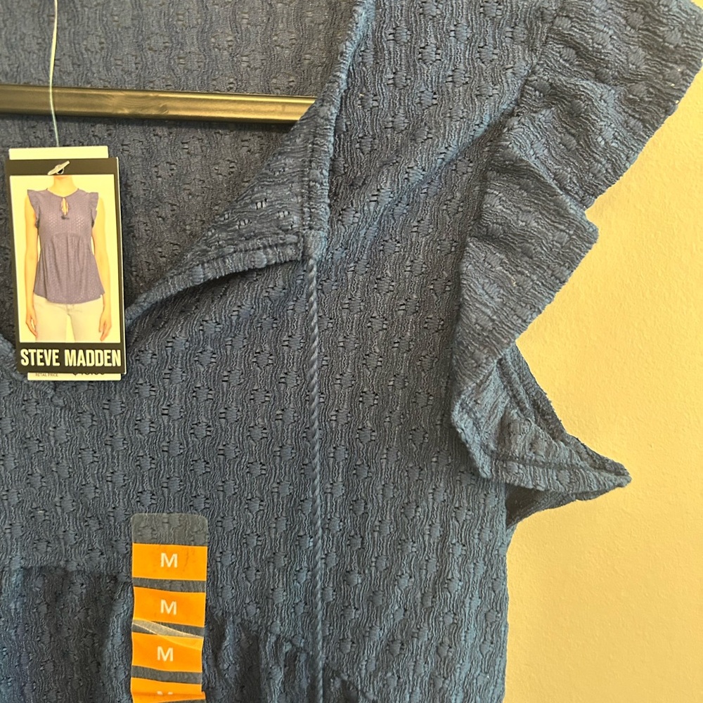 NWT Steve Madden Y2K blue Steve Textured Cap Sleeve Top tassel ties size M - Picture 5 of 11